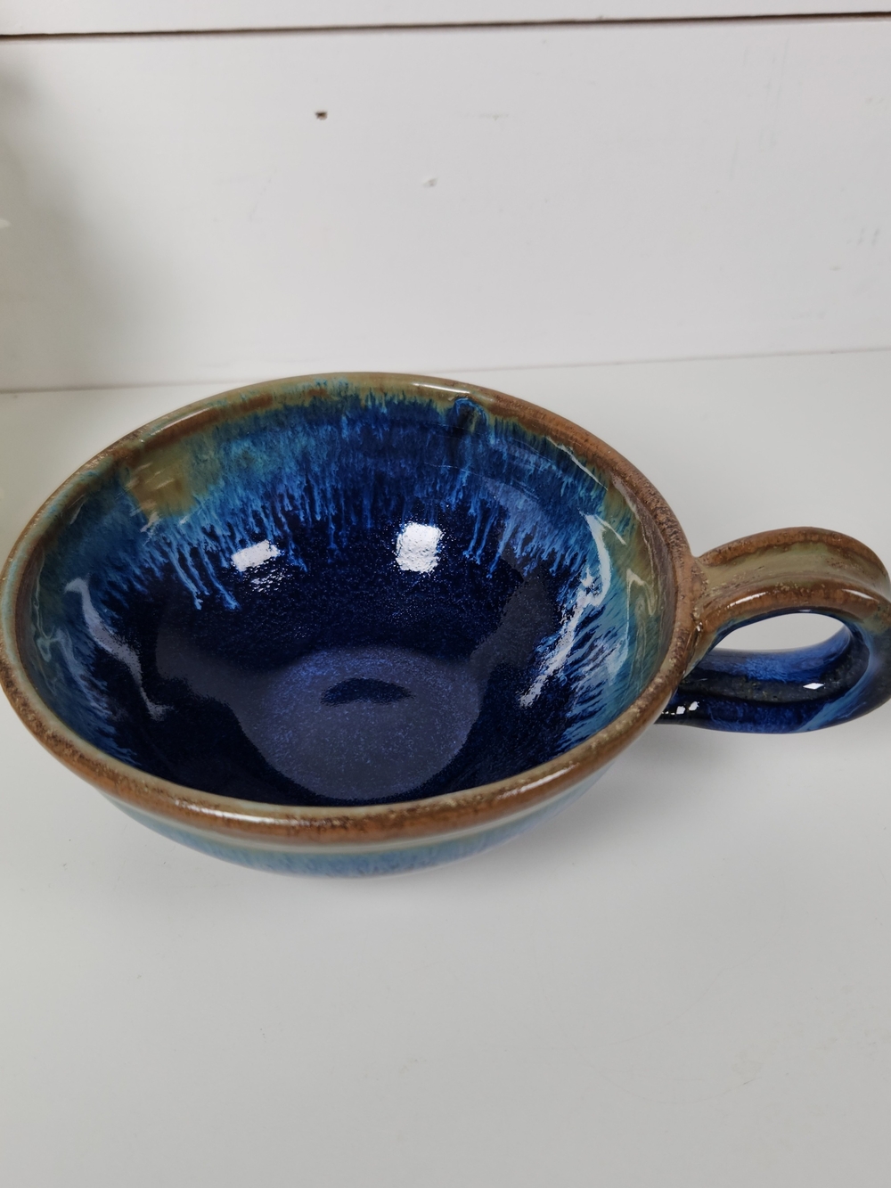 Vintage Signed Studio Pottery Bowl with Handle, Celestial Blue & Brown - Picture 2 of 10
